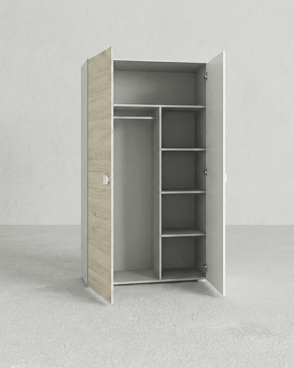 Armadio Bilbao - Guardaroba moderno - 2 ante - Struttura bianca/olmo - 4 ripiani inclusi - 90 x 205 x 52 cm - doomostore