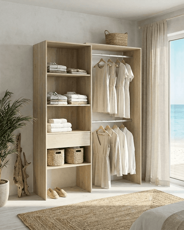 Armadio Bristol - Guardaroba a giorno - Struttura olmo - 4 ripiani e 1 cassetto inclusi - L. 110/160 x H. 187 x P. 40 cm - doomostore