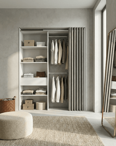 Armadio Luton - Guardaroba a giorno con tenda grigia - Struttura bianca - 4 ripiani e 1 cassetto inclusi - L. 110/160 x H. 205 x P. 50 cm