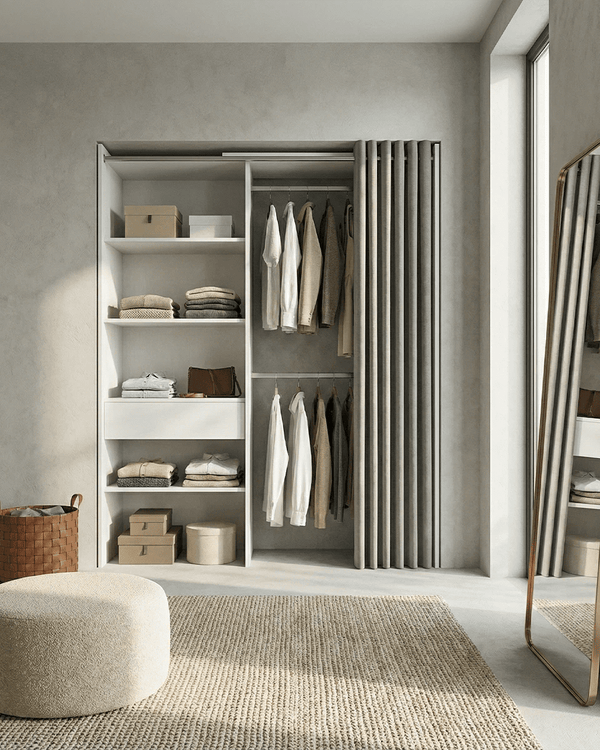 Armadio Luton - Guardaroba a giorno con tenda grigia - Struttura bianca - 4 ripiani e 1 cassetto inclusi - L. 110/160 x H. 205 x P. 50 cm - doomostore