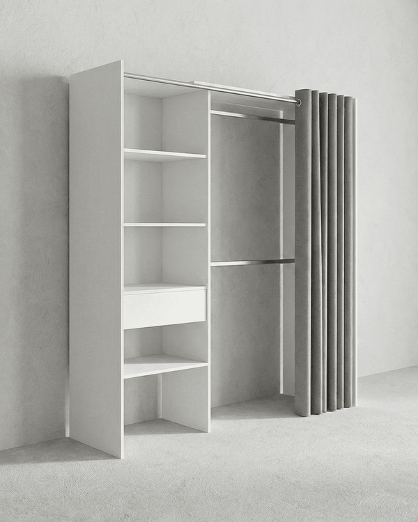 Armadio Luton - Guardaroba a giorno con tenda grigia - Struttura bianca - 4 ripiani e 1 cassetto inclusi - L. 110/160 x H. 205 x P. 50 cm - doomostore