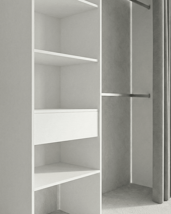 Armadio Luton - Guardaroba a giorno con tenda grigia - Struttura bianca - 4 ripiani e 1 cassetto inclusi - L. 110/160 x H. 205 x P. 50 cm - doomostore