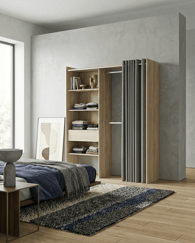 Armadio York - Guardaroba a giorno con tenda grigia - Struttura olmo - 4 ripiani e 1 cassetto inclusi - L. 110/160 x H. 205 x P. 50 cm