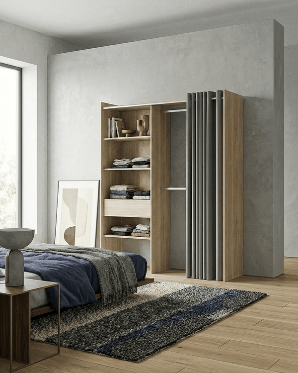 Armadio York - Guardaroba a giorno con tenda grigia - Struttura olmo - 4 ripiani e 1 cassetto inclusi - L. 110/160 x H. 205 x P. 50 cm - doomostore