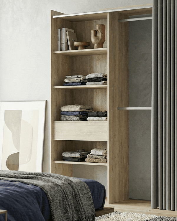 Armadio York - Guardaroba a giorno con tenda grigia - Struttura olmo - 4 ripiani e 1 cassetto inclusi - L. 110/160 x H. 205 x P. 50 cm - doomostore