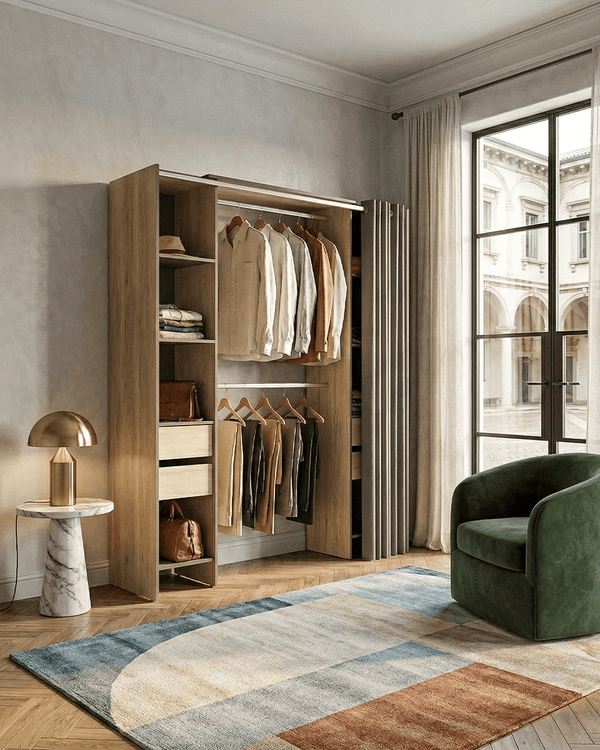 Armadio Londra - Guardaroba a giorno con tenda grigia - Struttura olmo/antracite - 8 ripiani e 4 cassetti inclusi - L. 177,5 x H. 205 x P. 50 cm - doomostore