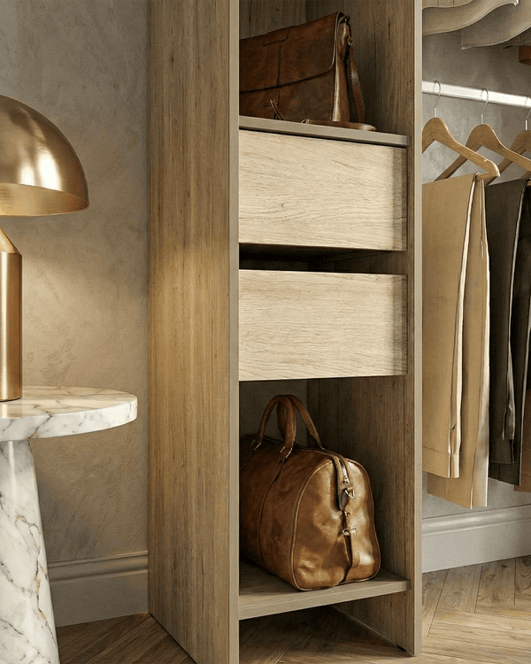 Armadio Londra - Guardaroba a giorno con tenda grigia - Struttura olmo/antracite - 8 ripiani e 4 cassetti inclusi - L. 177,5 x H. 205 x P. 50 cm - doomostore