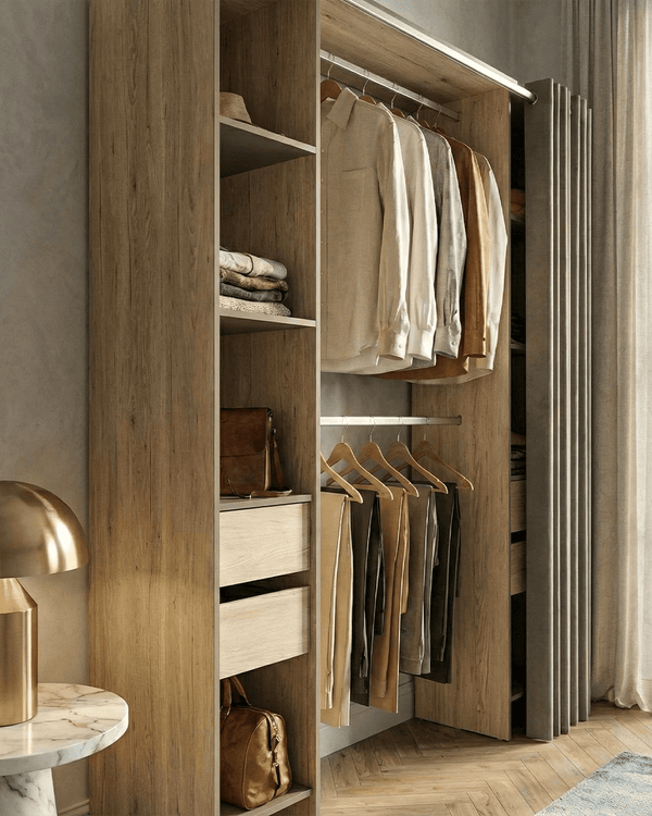 Armadio Londra - Guardaroba a giorno con tenda grigia - Struttura olmo/antracite - 8 ripiani e 4 cassetti inclusi - L. 177,5 x H. 205 x P. 50 cm - doomostore