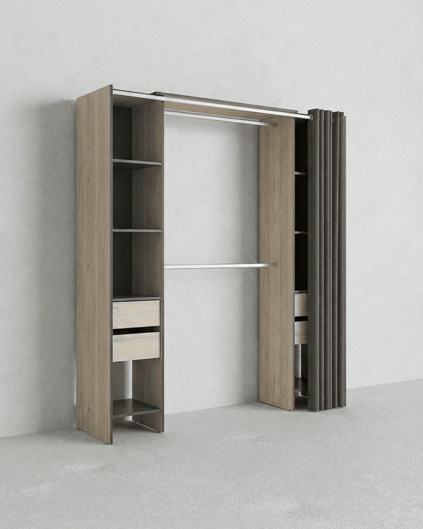 Armadio Londra - Guardaroba a giorno con tenda grigia - Struttura olmo/antracite - 8 ripiani e 4 cassetti inclusi - L. 177,5 x H. 205 x P. 50 cm - doomostore