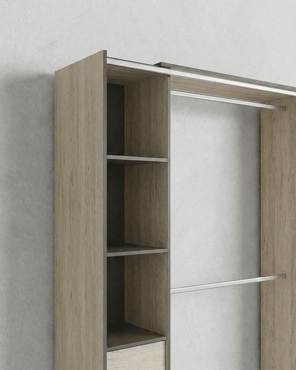 Armadio Londra - Guardaroba a giorno con tenda grigia - Struttura olmo/antracite - 8 ripiani e 4 cassetti inclusi - L. 177,5 x H. 205 x P. 50 cm - doomostore