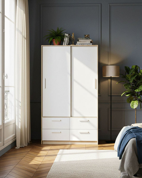 Armadio Madrid - Guardaroba scorrevole moderno - 2 ante 4 cassetti - Struttura olmo, ante bianche - 2 ripiani inclusi - L. 120 x H. 204 x P. 60 cm - doomostore