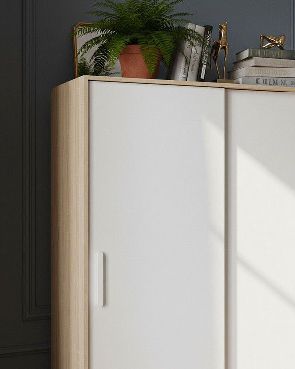 Armadio Madrid - Guardaroba scorrevole moderno - 2 ante 4 cassetti - Struttura olmo, ante bianche - 2 ripiani inclusi - L. 120 x H. 204 x P. 60 cm - doomostore