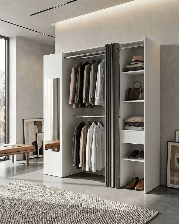 Armadio Edimburgo - Guardaroba a giorno con tenda grigia - Struttura bianca - 4 ripiani, 1 cassetto e 1 anta con specchio inclusi - L. 177,5 x H. 205 x P. 50 cm - doomostore