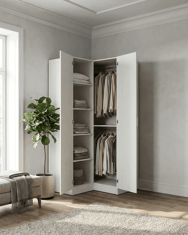Armadio Michelle - Guardaroba ad angolo moderno - 2 ante - Struttura bianca - 5 ripiani inclusi - 90,5 x 184,2 x 92,5 cm - doomostore