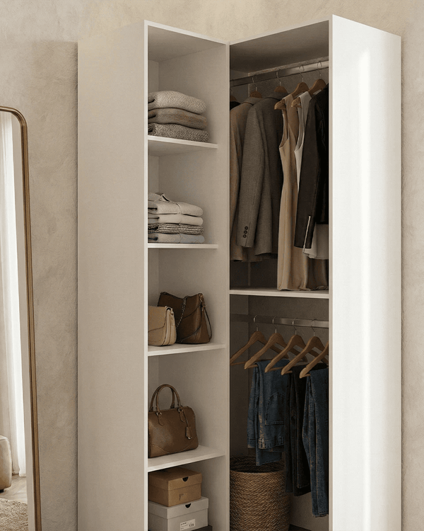 Armadio Hull - Guardaroba angolare a giorno - Struttura bianco - 5 ripiani inclusi - L. 79,5 x H. 185,5 x P. 88,5 cm - doomostore