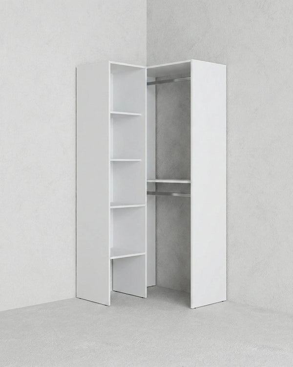 Armadio Hull - Guardaroba angolare a giorno - Struttura bianco - 5 ripiani inclusi - L. 79,5 x H. 185,5 x P. 88,5 cm - doomostore