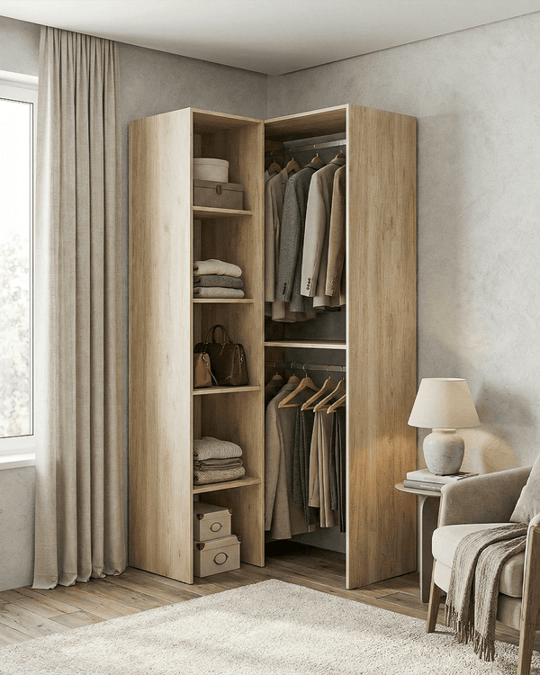 Armadio Dover - Guardaroba angolare a giorno - Struttura olmo - 5 ripiani inclusi - L. 79,5 x H. 185,5 x P. 88,5 cm - doomostore