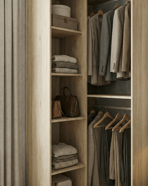 Armadio Dover - Guardaroba angolare a giorno - Struttura olmo - 5 ripiani inclusi - L. 79,5 x H. 185,5 x P. 88,5 cm - doomostore