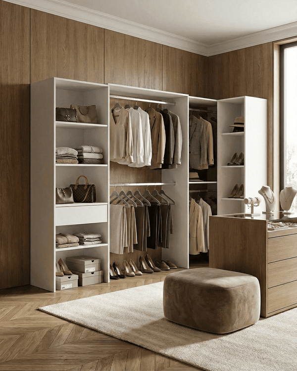 Armadio Lester - Guardaroba angolare a giorno - Struttura bianco - 9 ripiani e 1 cassetto inclusi - L. 248,5/198,5 x H. 187 x P. 79,5 cm - doomostore