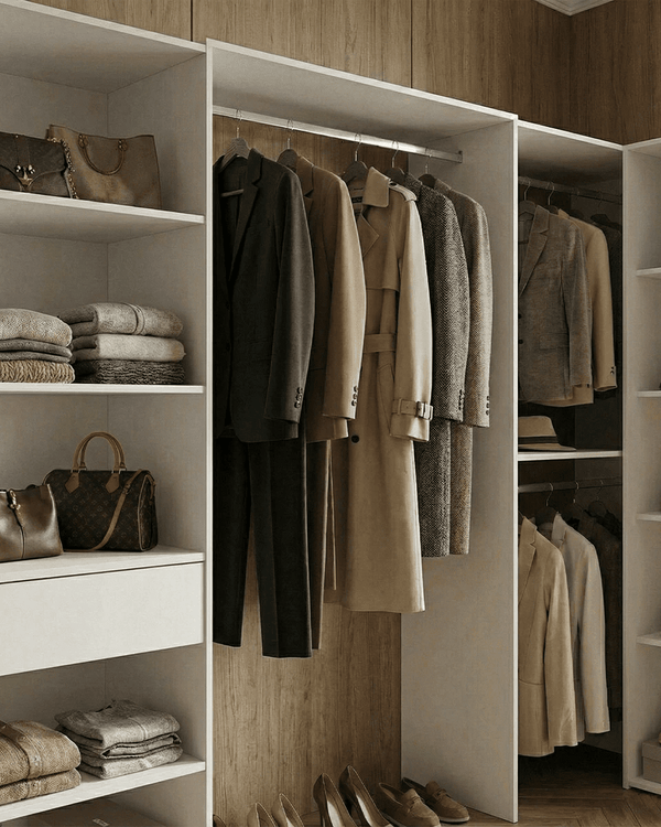 Armadio Lester - Guardaroba angolare a giorno - Struttura bianco - 9 ripiani e 1 cassetto inclusi - L. 248,5/198,5 x H. 187 x P. 79,5 cm - doomostore