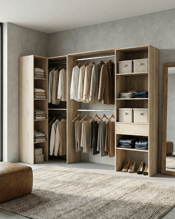 Armadio Derby - Guardaroba angolare a giorno - Struttura olmo - 9 ripiani e 1 cassetto inclusi - L. 248,5 x H. 187 x P. 79,5 cm - doomostore