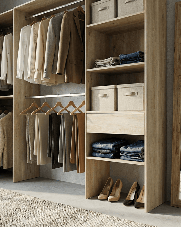 Armadio Derby - Guardaroba angolare a giorno - Struttura olmo - 9 ripiani e 1 cassetto inclusi - L. 248,5 x H. 187 x P. 79,5 cm - doomostore
