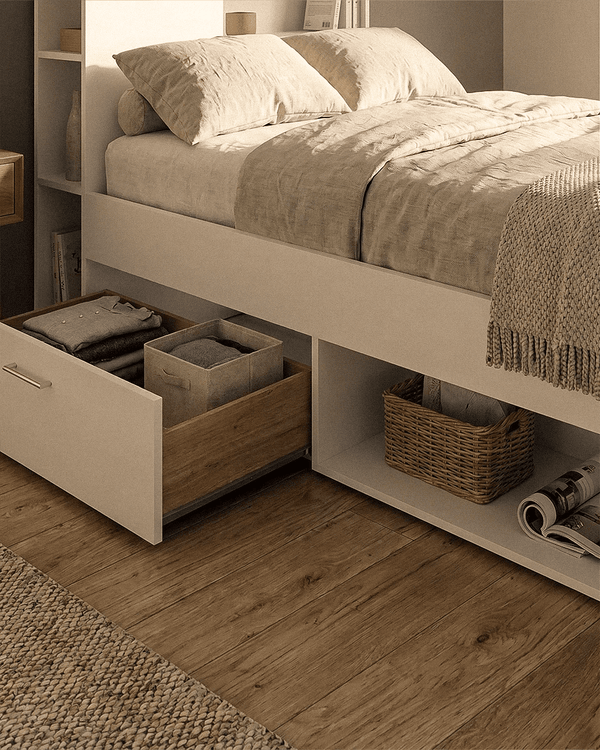 Letto LUMERA con Contenitore e Testiera con Ripiani – Design Moderno Salvaspazio per Cameretta - doomostore