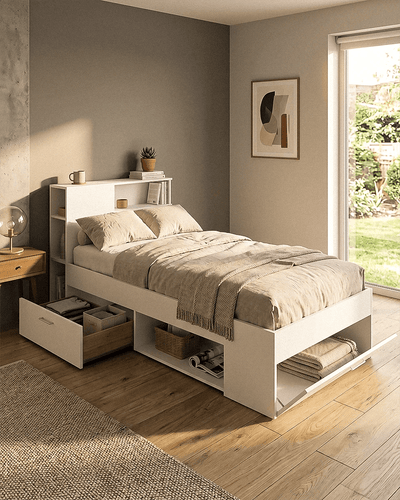 Letto LUMERA con Contenitore e Testiera con Ripiani – Design Moderno Salvaspazio per Cameretta