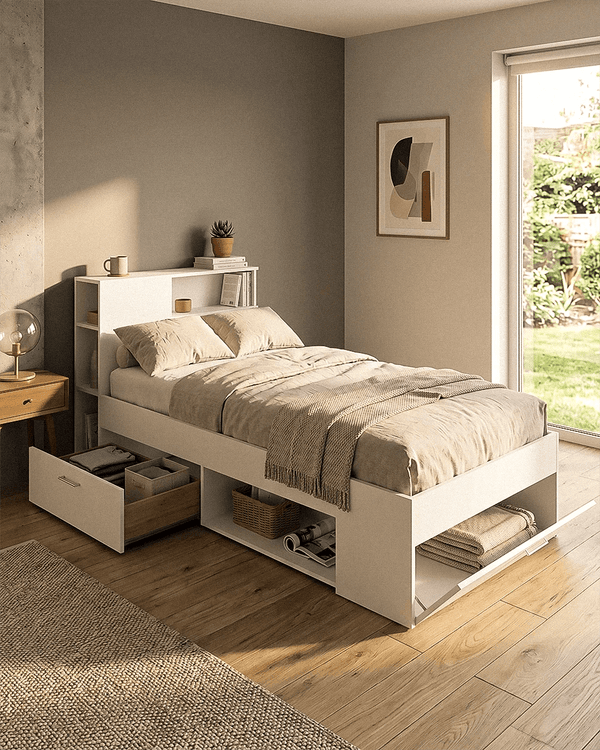 Letto LUMERA con Contenitore e Testiera con Ripiani – Design Moderno Salvaspazio per Cameretta - doomostore