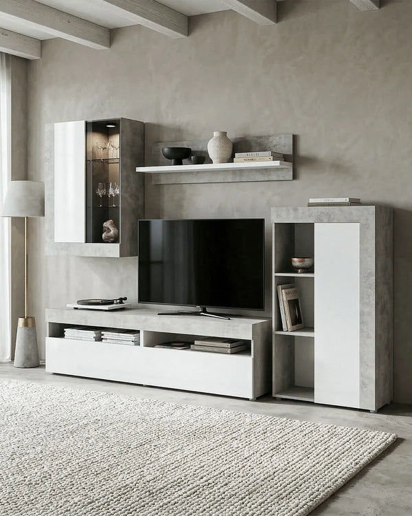 Parete Attrezzata Soggiorno ARKEN – Mobile TV con pensili e mensola – Cemento e bianco