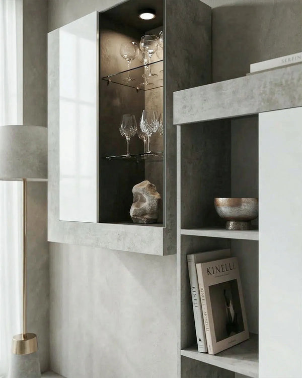 Parete Attrezzata Soggiorno ARKEN – Mobile TV con pensili e mensola – Cemento e bianco