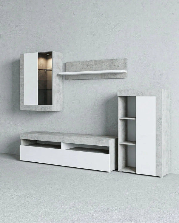 Parete Attrezzata Soggiorno ARKEN – Mobile TV con pensili e mensola – Cemento e bianco