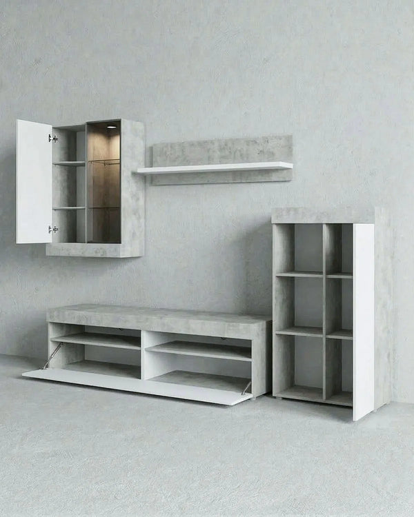 Parete Attrezzata Soggiorno ARKEN – Mobile TV con pensili e mensola – Cemento e bianco
