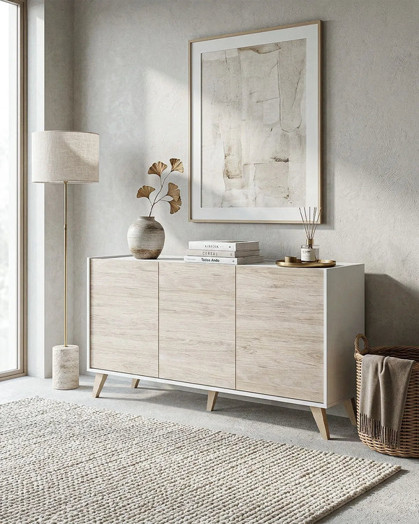 Madia SVEN – Credenza Moderna 3 Ante con Ripiani Regolabili Bianco e Olmo - doomostore