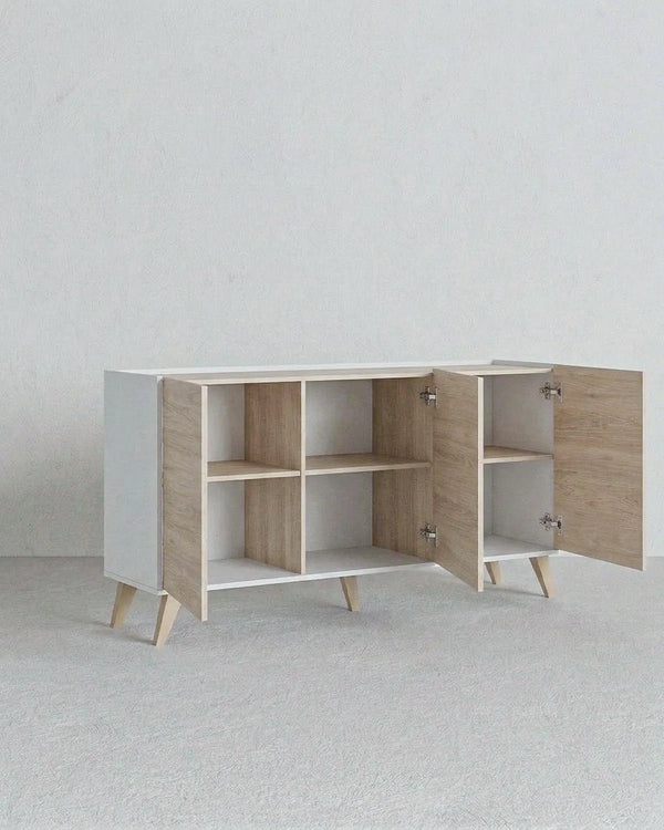 Madia SVEN – Credenza Moderna 3 Ante con Ripiani Regolabili Bianco e Olmo - doomostore