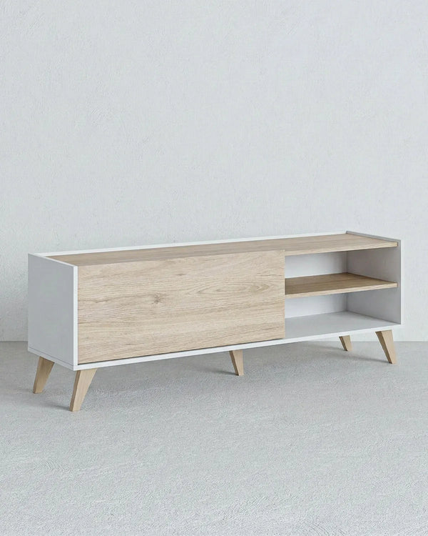 Mobile TV LARS – Porta TV Moderno Stile Nordico con Anta e Ripiani Bianco e Olmo 155 cm - doomostore