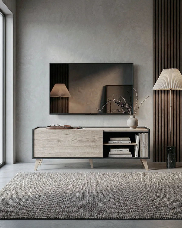 Mobile TV FOCUS – Porta TV Moderno Stile Nordico con Anta e Ripiani Antracite e Olmo 155 cm - doomostore