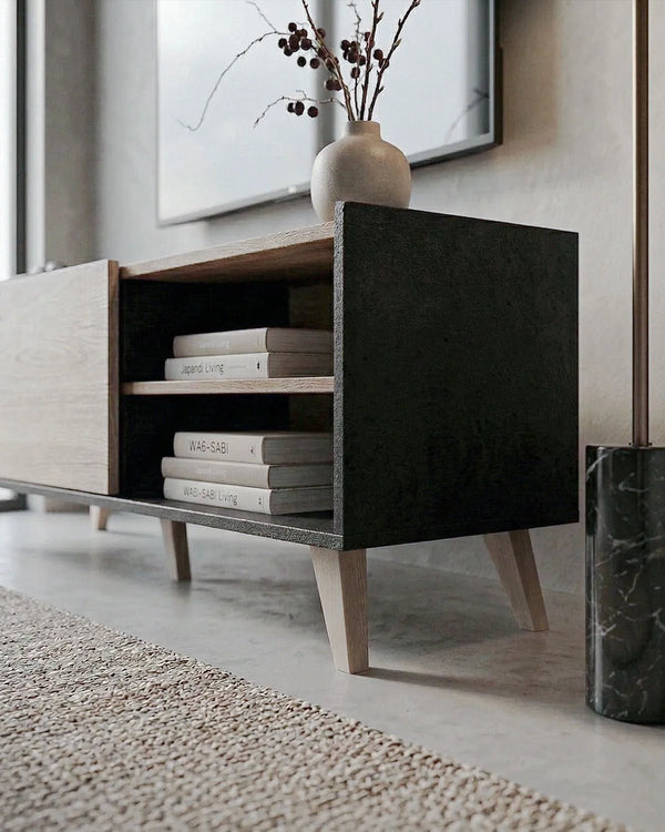 Mobile TV FOCUS – Porta TV Moderno Stile Nordico con Anta e Ripiani Antracite e Olmo 155 cm - doomostore