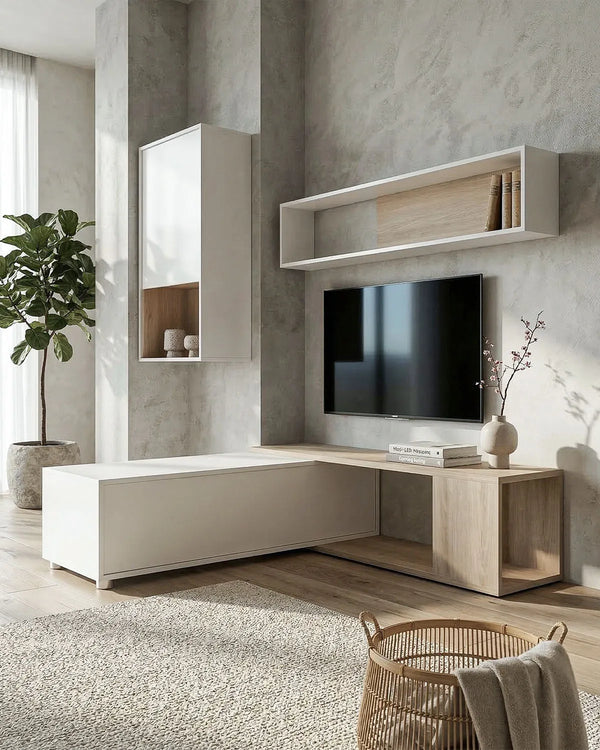 Parete Attrezzata Soggiorno VAREN – Mobile TV modulare con pensile e mensola – Bianco e rovere –