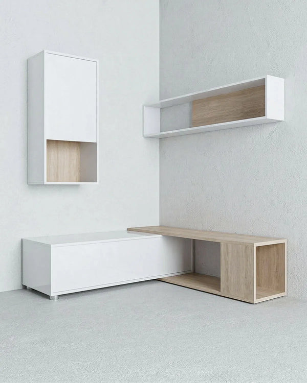 Parete Attrezzata Soggiorno VAREN – Mobile TV modulare con pensile e mensola – Bianco e rovere –