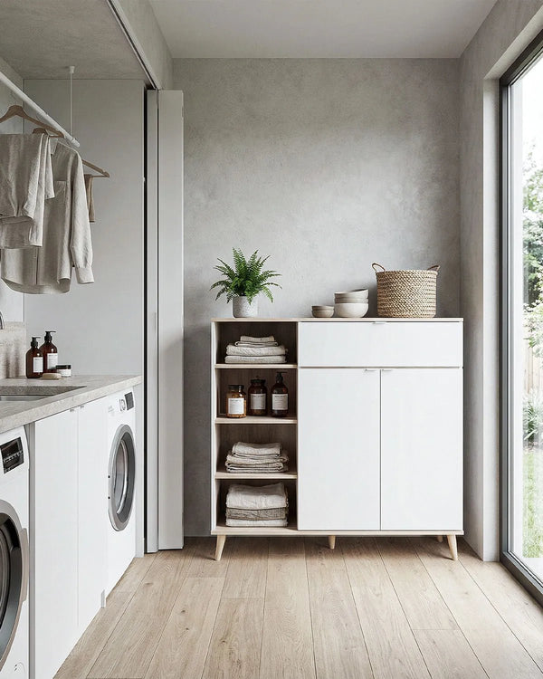 Mobile ALVER – Mobile Complementare con Cassetto, 2 Ante e Ripiani a Giorno Bianco e Olmo - doomostore