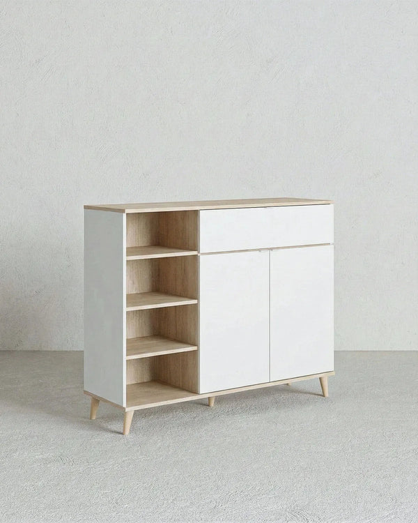 Mobile ALVER – Mobile Complementare con Cassetto, 2 Ante e Ripiani a Giorno Bianco e Olmo - doomostore