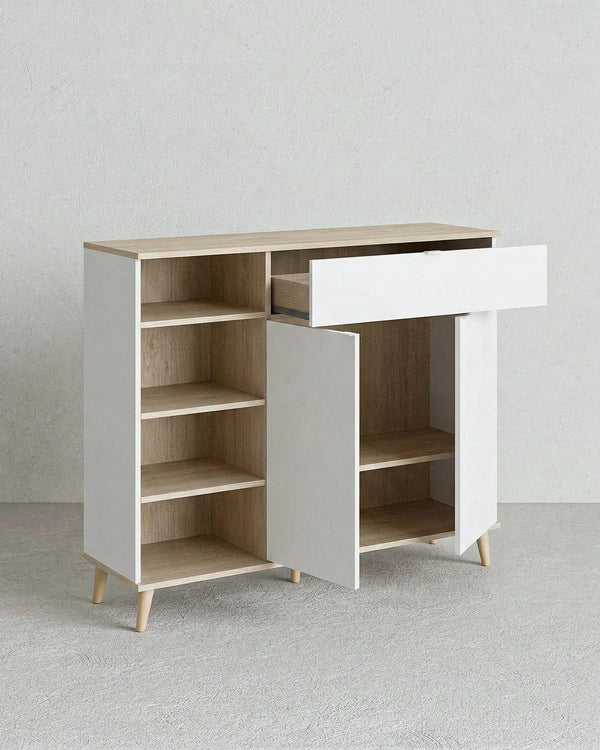 Mobile ALVER – Mobile Complementare con Cassetto, 2 Ante e Ripiani a Giorno Bianco e Olmo - doomostore