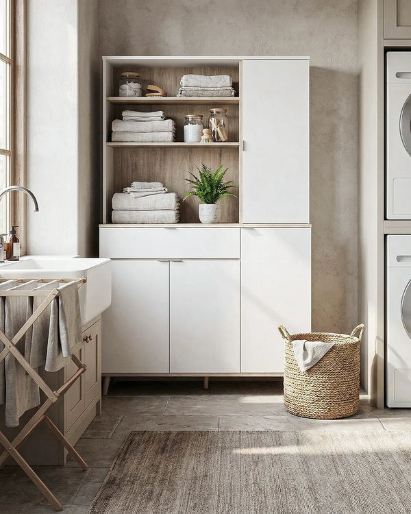 Mobile KOMAN – Mobile Contenitore Alto con Ripiani, Cassetto e 3 Ante Bianco e Olmo - doomostore