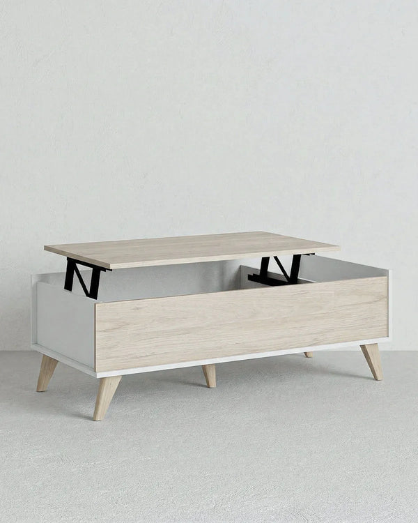 Tavolino SKADI – Tavolino da Salotto con Piano Apribile e Contenitore - Bianco e Olmo - doomostore