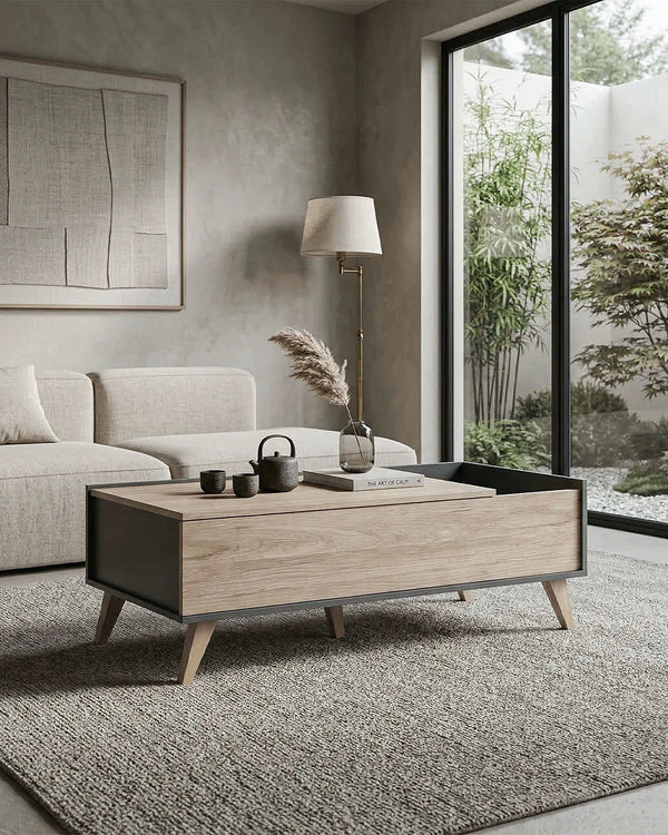 Tavolino NORDIK – Tavolino da Salotto con Piano Apribile e Vano Contenitore – Olmo e Antracite - doomostore