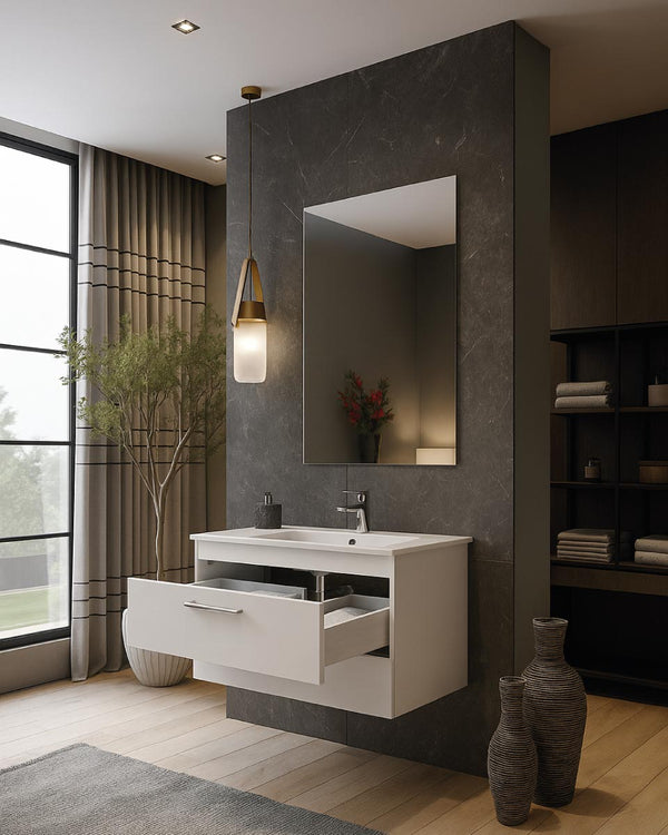 Mobile bagno Kora - Mobile sospeso bianco 80cm - Melaminico antigraffio - Con lavabo ceramica e specchio - doomostore