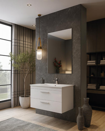 Mobile bagno Kora - Mobile sospeso bianco 80cm - Melaminico antigraffio - Con lavabo ceramica e specchio
