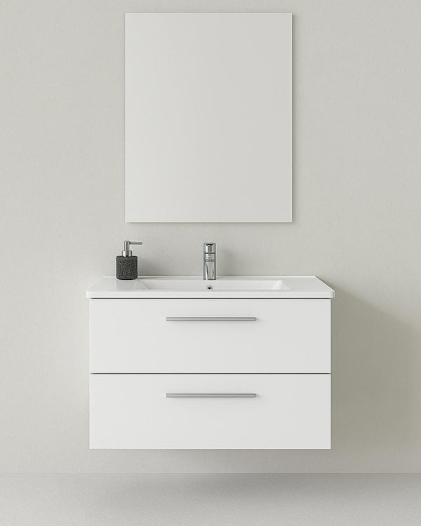 Mobile bagno Kora - Mobile sospeso bianco 80cm - Melaminico antigraffio - Con lavabo ceramica e specchio - doomostore