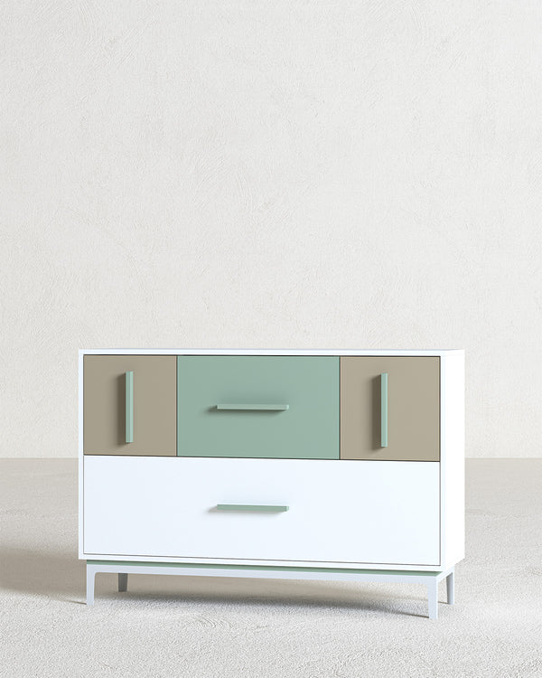 Madia SELENE - 4 cassetti - L.134,3cm x H.94cm x P.41cm - Biancoluna/Oliva/Clay - doomostore